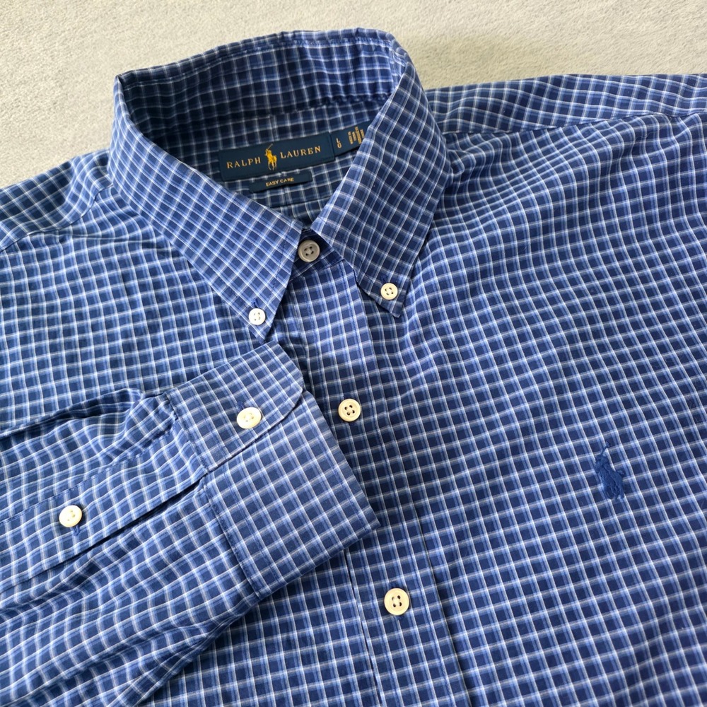 Ralph Lauren Mens Large Blue Plaid Easy Care Button Down Shirt Long Sleeve Large